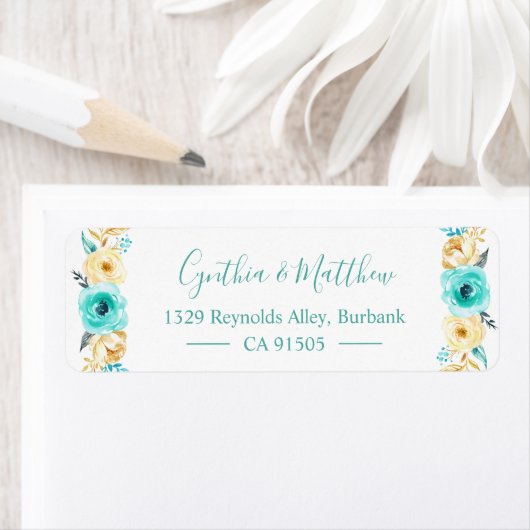Waterverf Turquoise Mint Gold Floral Etiket (Insitu)