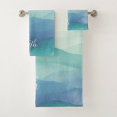 Waterverf Turquoise Navy Blue Ombre Waterverf Bad Handdoek (Insitu)