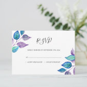 Waterverf Turquoise Paarse Blad Bladbladeren Bruil RSVP Kaartje (Staand voorkant)