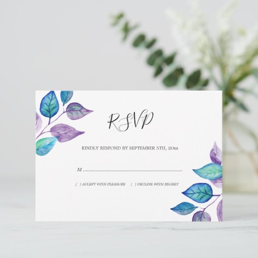 Waterverf Turquoise Paarse Blad Bladbladeren Bruil RSVP Kaartje (Staand voorkant)