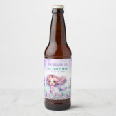 Waterverf turquoise paarse zeemeermin 1e verjaarda bier etiket (Voorkant)
