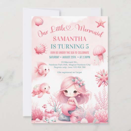 Waterverf turquoise roze zeemeermin elke verjaarda kaart (Voorkant)