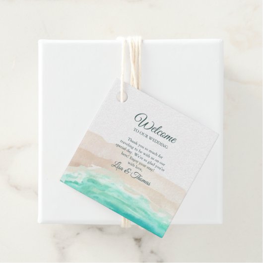 Waterverf Turquoise Sandy Beach Bruiloft Welkom Bedankjes Labels (In situ)