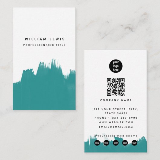 Waterverf Turquoise Teal QR-code Social Media Visitekaartje (Voorkant / Achterkant)