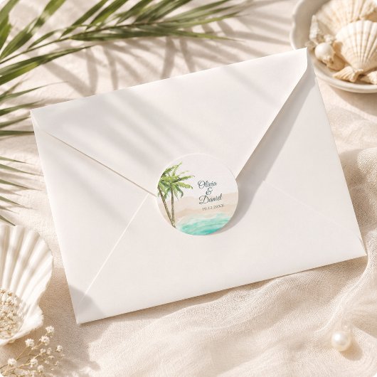 Waterverf Turquoise Zandstrand Bruiloft Ronde Sticker