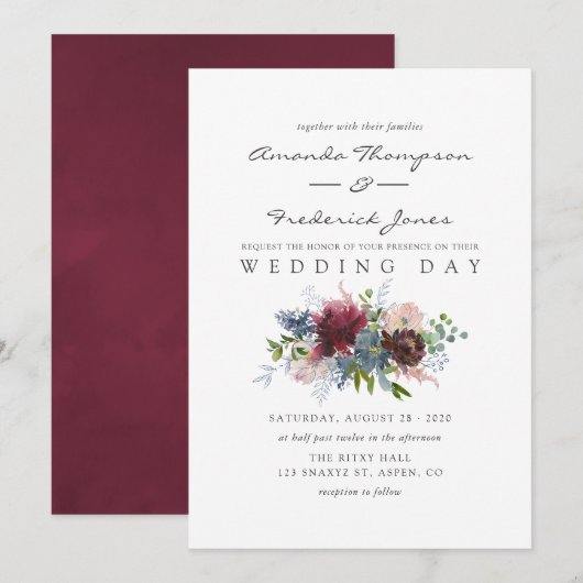 Waterverf tussen Bourgogne en Navy Floral Kaart (Voorkant / Achterkant)