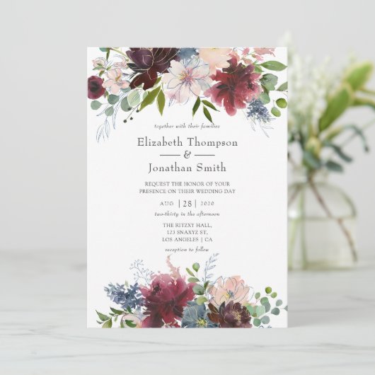 Waterverf tussen Bourgogne en Navy Floral Kaart (Staand voorkant)