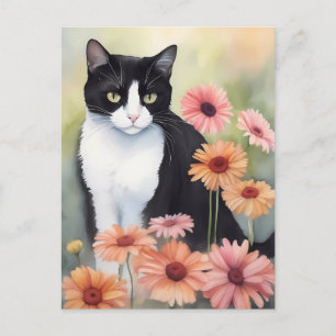 Waterverf Tuxedo Cat met Gerbera Daisy Flowers Briefkaart