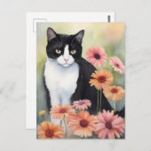 Waterverf Tuxedo Cat met Gerbera Daisy Flowers Briefkaart (Voorkant / Achterkant)