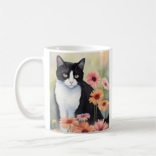 Waterverf Tuxedo Cat met Gerbera Daisy Flowers Koffiemok