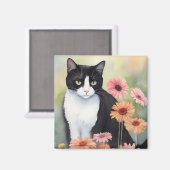 Waterverf Tuxedo Cat met Gerbera Daisy Flowers Magneet (Voorkant / Achterkant)