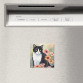 Waterverf Tuxedo Cat met Gerbera Daisy Flowers Magneet (Insitu (Vaatwasser))