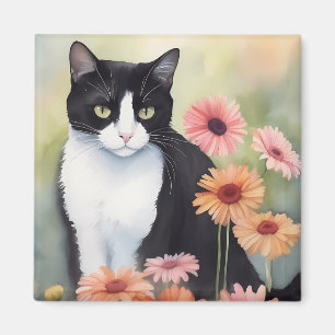Waterverf Tuxedo Cat met Gerbera Daisy Flowers Magneet
