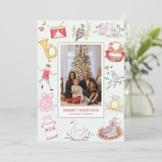 Waterverf Twaalf Dagen van Kerstmis Foto Feestdagenkaart (Staand voorkant)