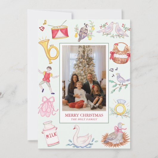Waterverf Twaalf Dagen van Kerstmis Foto Feestdagenkaart (Voorkant)