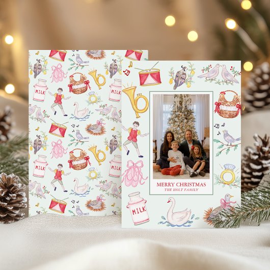 Waterverf Twaalf Dagen van Kerstmis Foto Feestdagenkaart