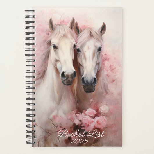 Waterverf Twee Witte Paarden Roze Bloemen Planner (Voorkant)