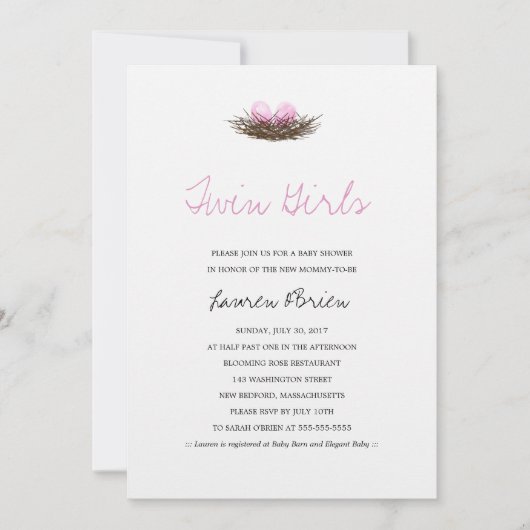 Waterverf Tweeling Meisjes Vogelnest Baby shower Kaart (Voorkant)
