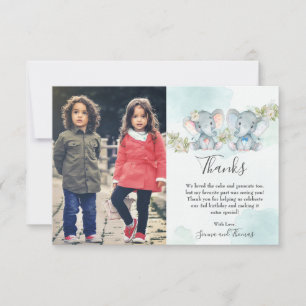Waterverf Twin Boy Girl Elephant Birthday Foto Bedankkaart