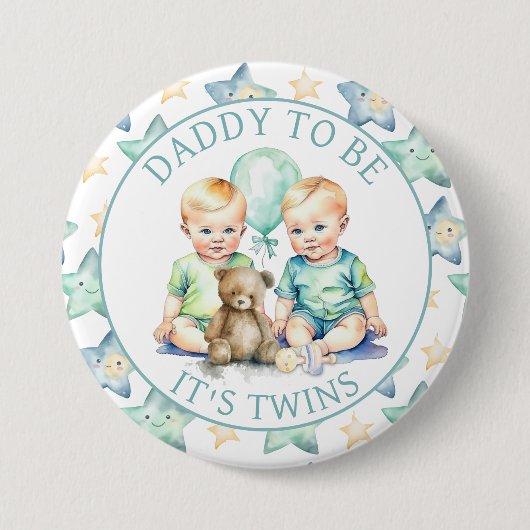 Waterverf Twin Boys Baby shower Papa to Be Ronde Button 7,6 Cm (Voorkant)