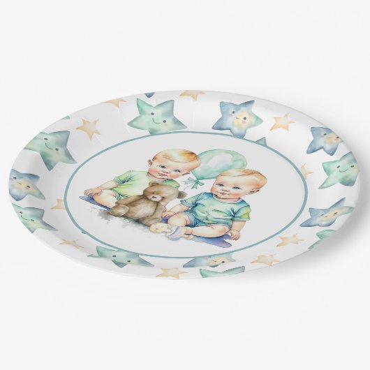 Waterverf Twin Boys Baby shower Papieren Bordje (Gekanteld)