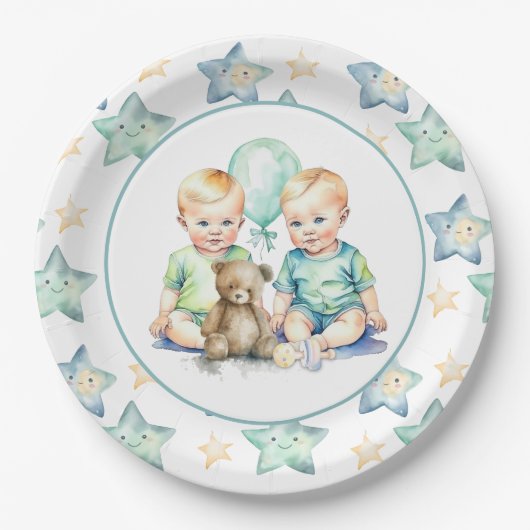 Waterverf Twin Boys Baby shower Papieren Bordje (Voorkant)