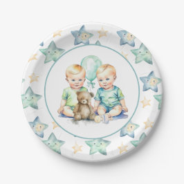 Waterverf Twin Boys Baby shower Papieren Bordje