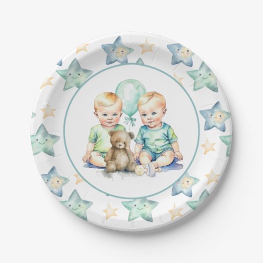 Waterverf Twin Boys Baby shower Papieren Bordje (Voorkant)