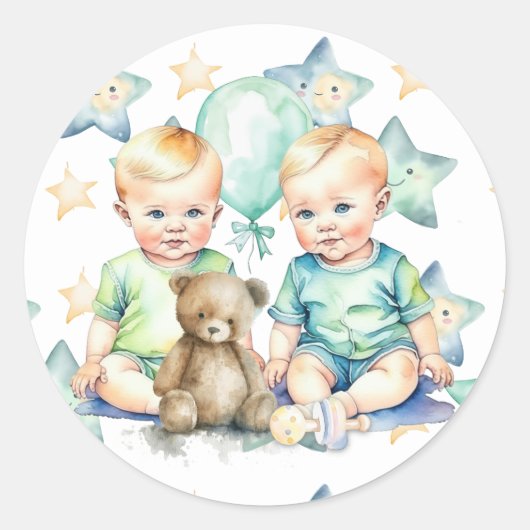 Waterverf Twin Boys Baby shower Ronde Sticker (Voorkant)