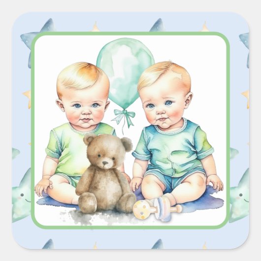 Waterverf Twin Boys Baby shower Vierkante Sticker (Voorkant)