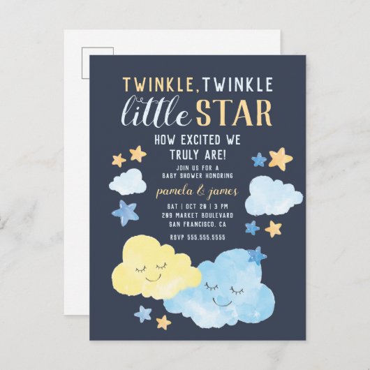 Waterverf Twinkle Twinkle Little Star Baby shower Uitnodiging Briefkaart (Voorkant / Achterkant)