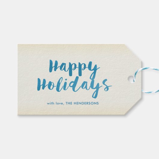 Waterverf Typografie Blue Stripes Prettige feestda Cadeaulabel (Voorkant (Horizontaal))