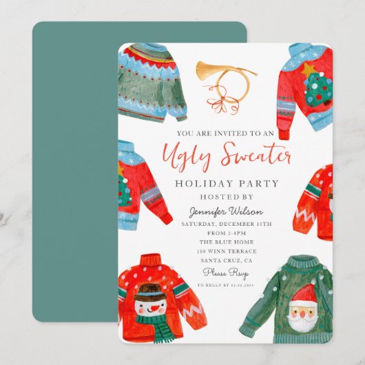 Waterverf Ugly Sweater Holiday Party Kaart (Voorkant / Achterkant)
