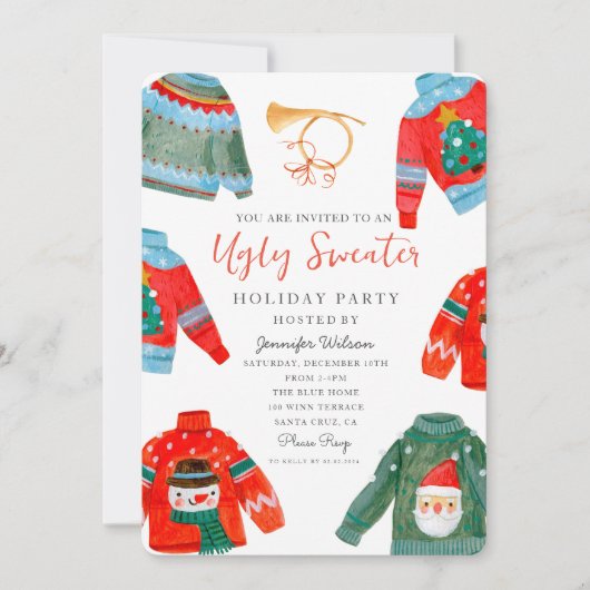 Waterverf Ugly Sweater Holiday Party Kaart (Voorkant)
