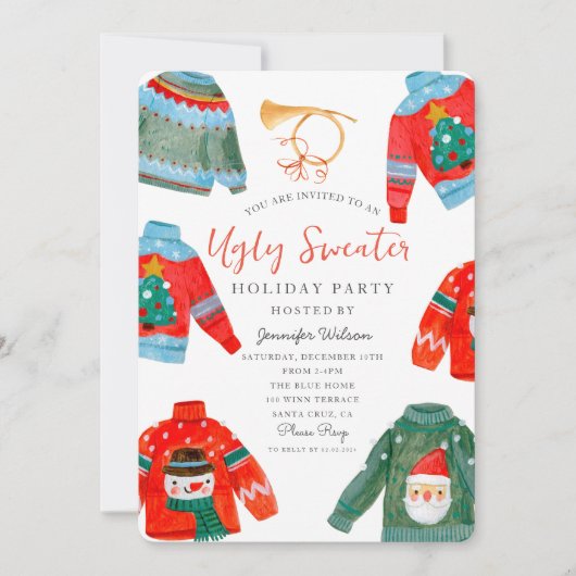 Waterverf Ugly Sweater Holiday Party Kaart (Voorkant)
