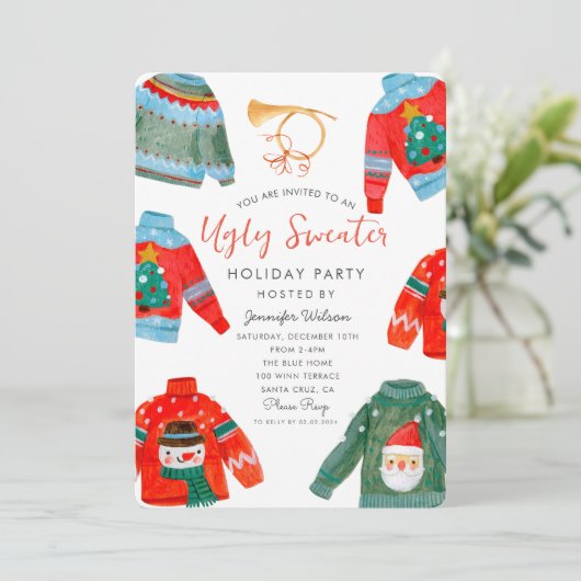 Waterverf Ugly Sweater Holiday Party Kaart (Staand voorkant)