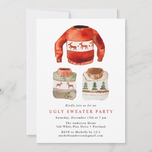 Waterverf Ugly Sweater Holiday Party Kaart (Voorkant)