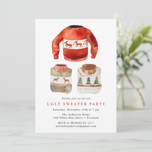 Waterverf Ugly Sweater Holiday Party Kaart (Staand voorkant)