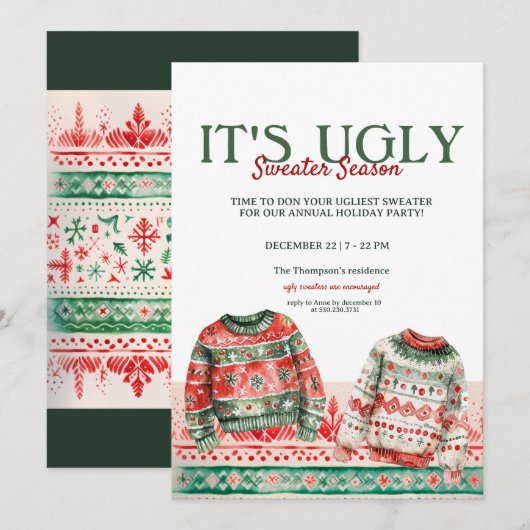 Waterverf Ugly Sweater Kerstparty Kaart (Voorkant / Achterkant)