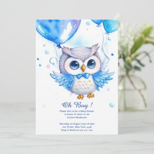 Waterverf Uil Boy Baby shower Uitnodiging (Staand voorkant)