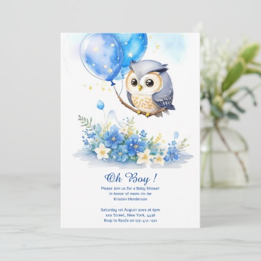 Waterverf Uil Boy Baby shower Uitnodiging (Staand voorkant)