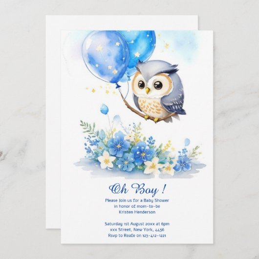 Waterverf Uil Boy Baby shower Uitnodiging (Voorkant / Achterkant)