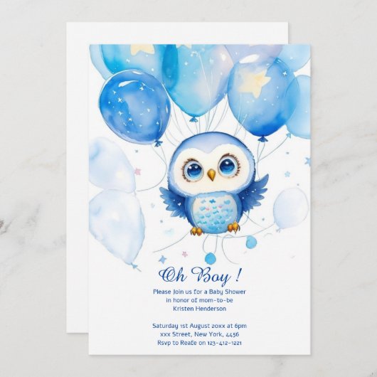 Waterverf Uil Boy Baby shower Uitnodiging (Voorkant / Achterkant)