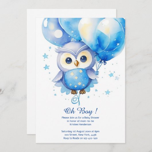 Waterverf Uil Boy Baby shower Uitnodiging (Voorkant / Achterkant)