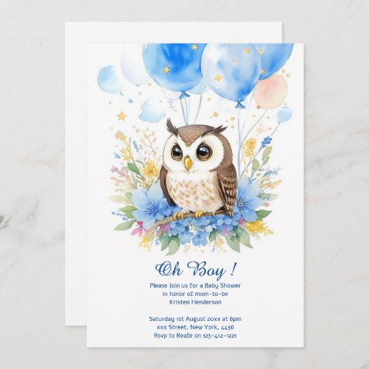 Waterverf Uil Boy Baby shower Uitnodiging (Voorkant / Achterkant)