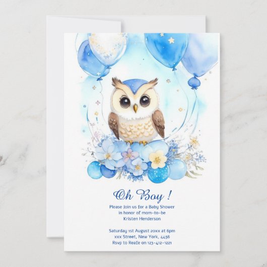 Waterverf Uil Boy Baby shower Uitnodiging (Voorkant)