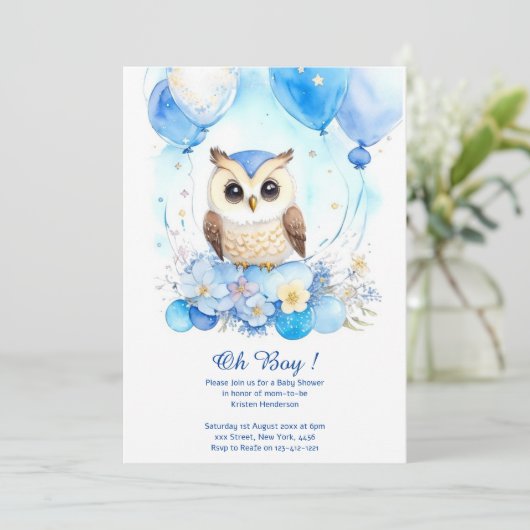Waterverf Uil Boy Baby shower Uitnodiging (Staand voorkant)