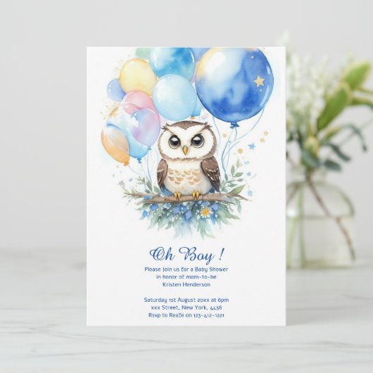 Waterverf Uil Boy Baby shower Uitnodiging (Staand voorkant)