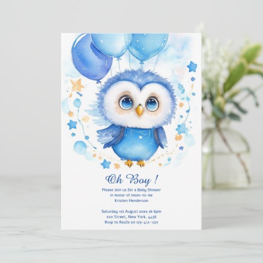 Waterverf Uil Boy Baby shower Uitnodiging (Staand voorkant)