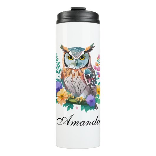 Waterverf uil en kleurrijke bloemen thermosbeker (Voorkant)